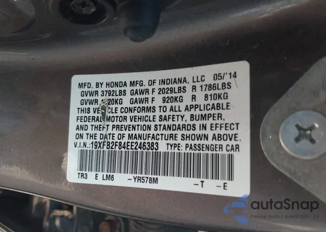 2014 Honda Civic Ex from USA, damaged, VIN 19XFB2F84EE246383